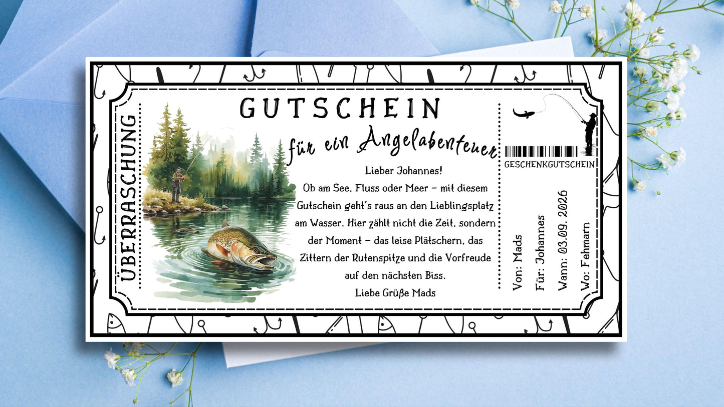 Gutschein Angel Digital | Druckbare Vorlage | Sofort Download Geschenkidee für Angler & Naturfreunde