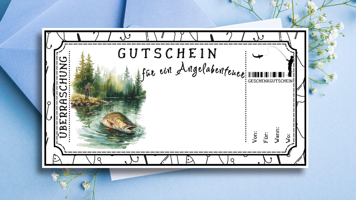Gutschein Angel Digital | Druckbare Vorlage | Sofort Download Geschenkidee für Angler & Naturfreunde