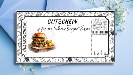 Digitaler Burger Gutschein Vorlage | Geschenkidee zum Ausdrucken | Sofort Download PDF Dinner & Erlebnisgeschenk