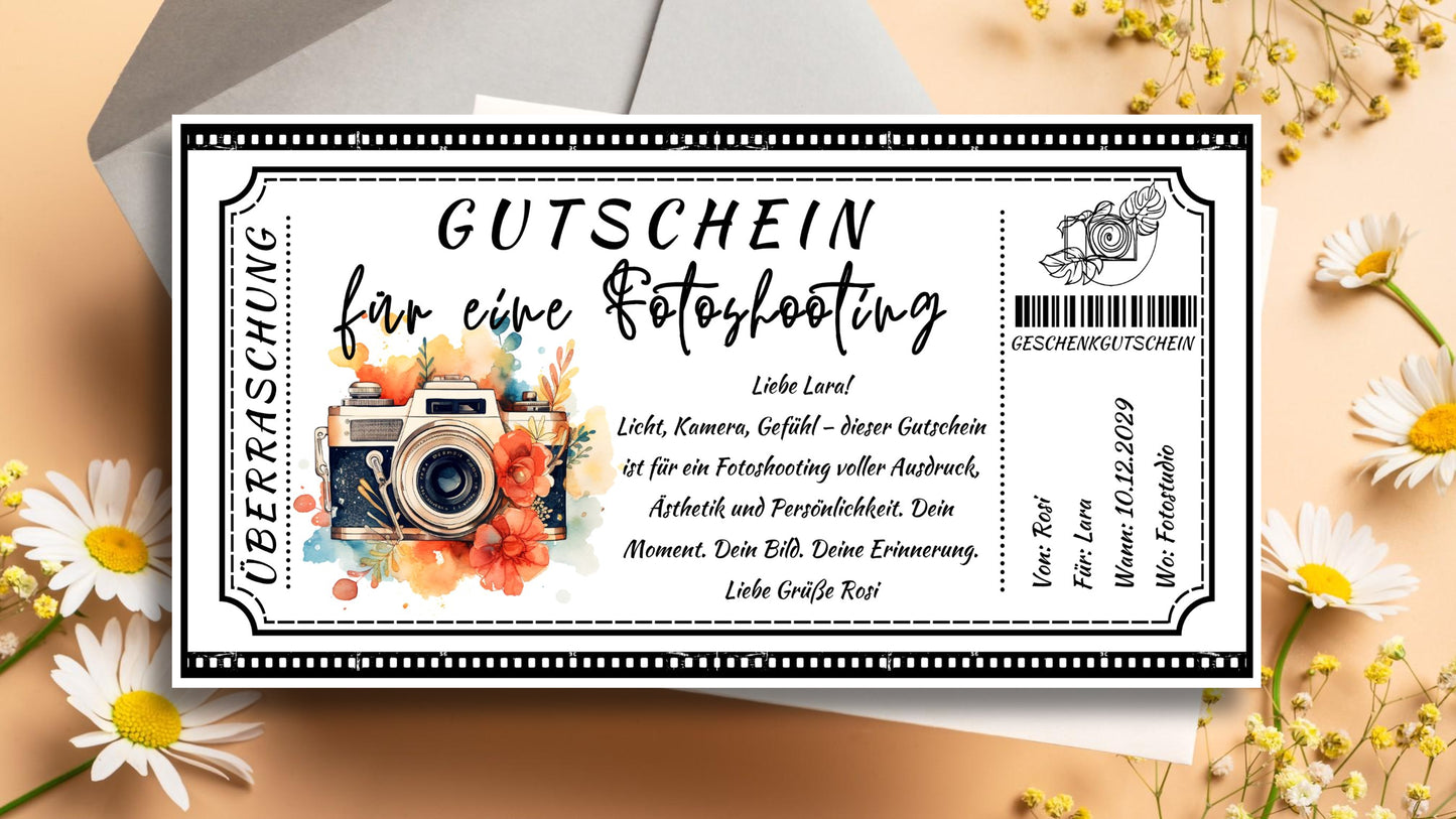 Gutschein Fotoshooting Digital | Druckbare Vorlage | Sofort Download Geschenkidee für Paare, Freunde & Familie