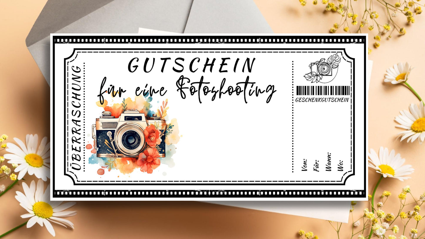 Gutschein Fotoshooting Digital | Druckbare Vorlage | Sofort Download Geschenkidee für Paare, Freunde & Familie